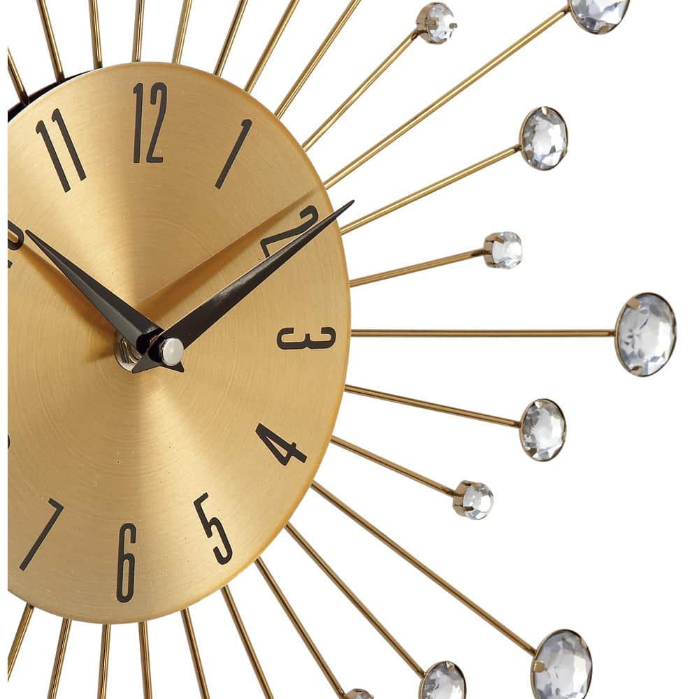 Gold Metal Starburst Wall Clock with Crystal Accents, 15"