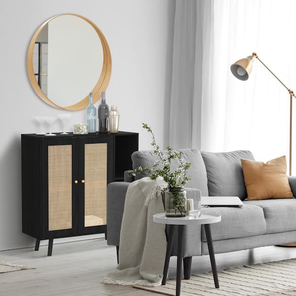 LOFT & LUV Loft and Luv Coda Bar, Black with Natural Rattan Doors 35.83 in. Wood Rectangle Coffee Table