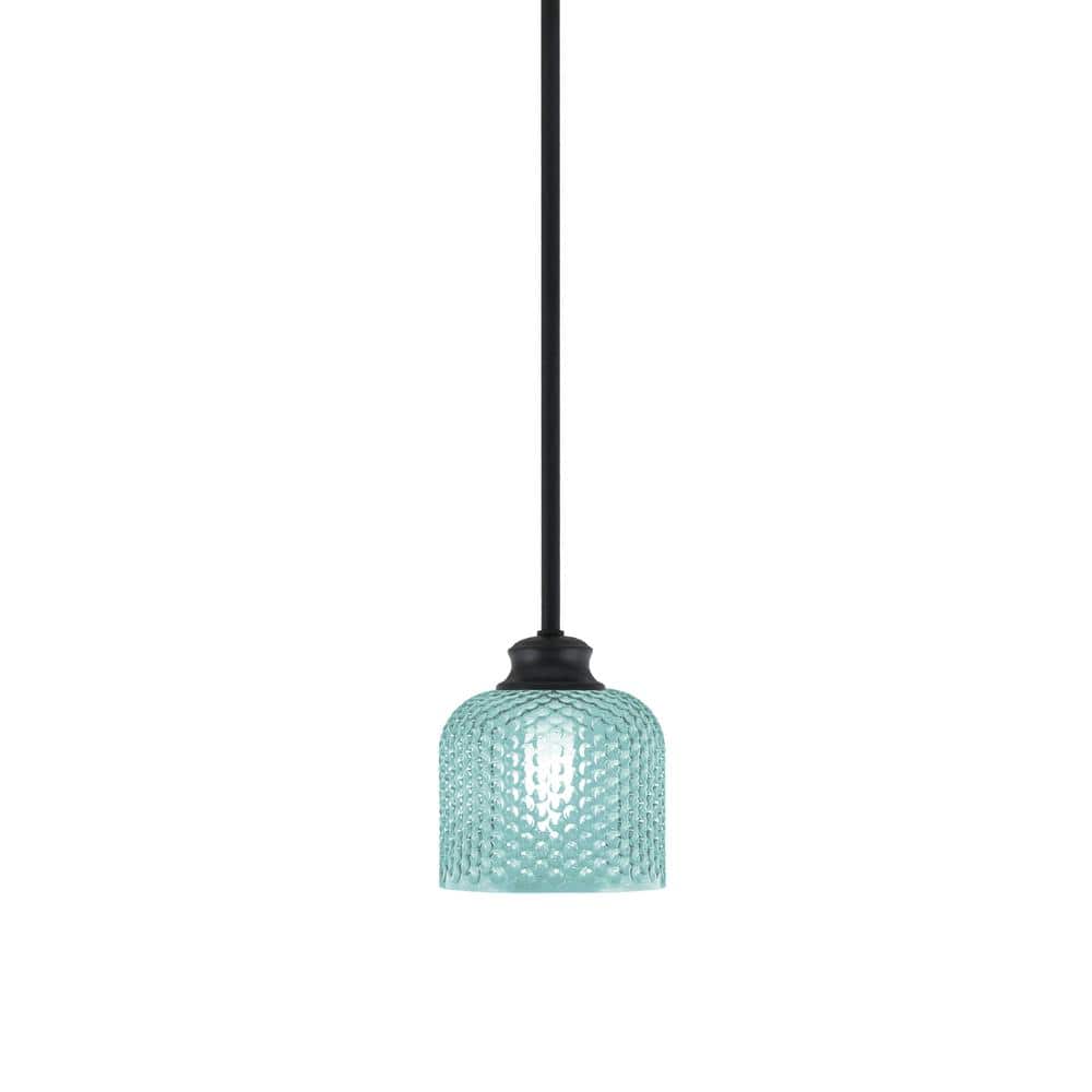 Tyler 60-Watt 1-Light Matte Black Stem Mini Pendant Light with Turquoise Te