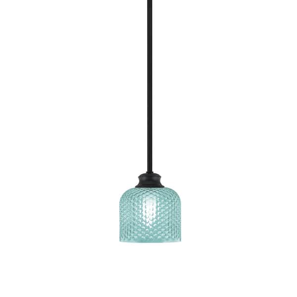 Unbranded Tyler 60-Watt 1-Light Matte Black Stem Mini Pendant Light with Turquoise Textured Glass Shade