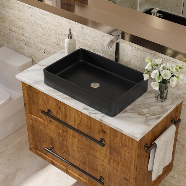AIOFEDOV 24-Inch Black Vessel Sink Combo – Rectangular Stone Resin Basin With Waterfall Faucet & Drain, Above-Counter Modern Vanity Sink, Durable Matte Finish, Spacious Deep Bowl