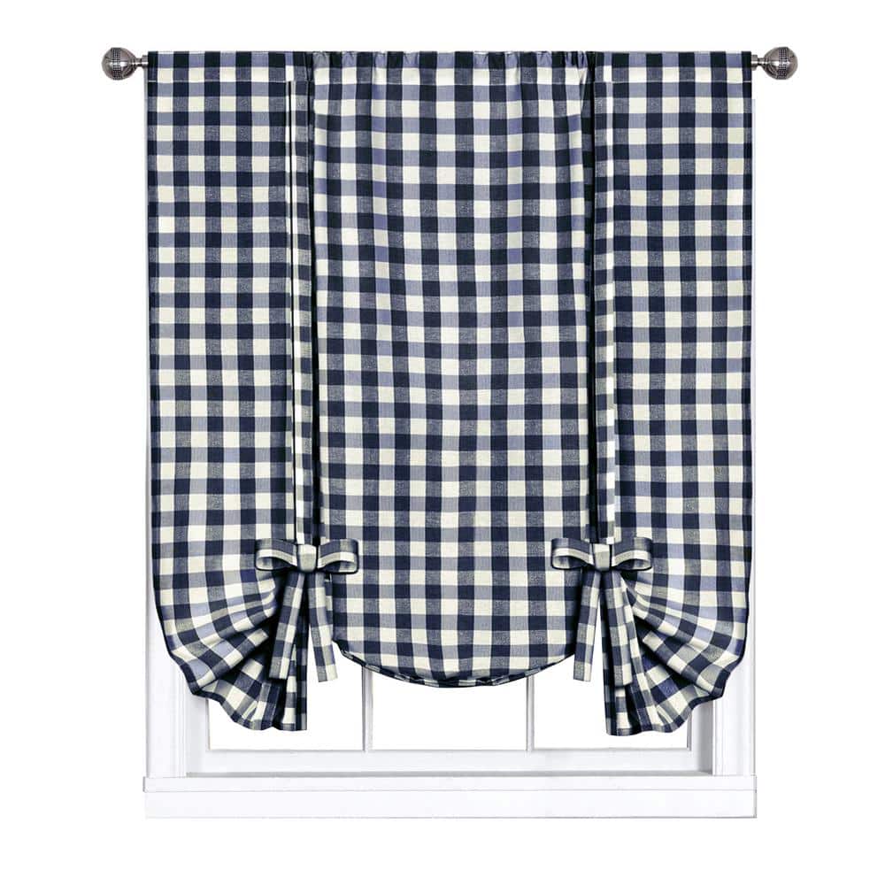 Navy Buffalo Check Light Filtering Tie-Up Curtain