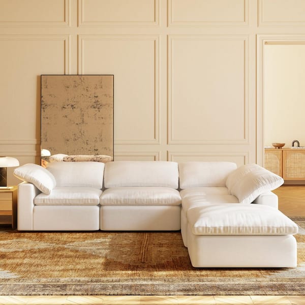 Aspen 117.75 in. Straight Arm 5-Piece Fabric L-Sectional Sofa in. Cotton White with Modular Chaise