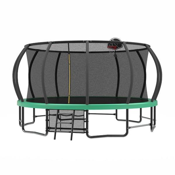 Unbranded 15 ft. Outdoor Trampoline with Basketball Hoop, Shoe Bag, Enclosure Net, Ladder for Kids and Adults for Garden, Green