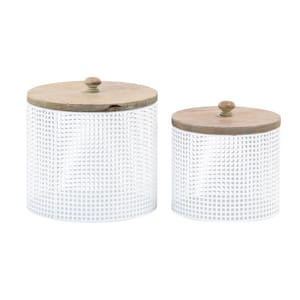 White Metal Mesh Inspired Decorative Jars with Wood Lids (Set of 2)