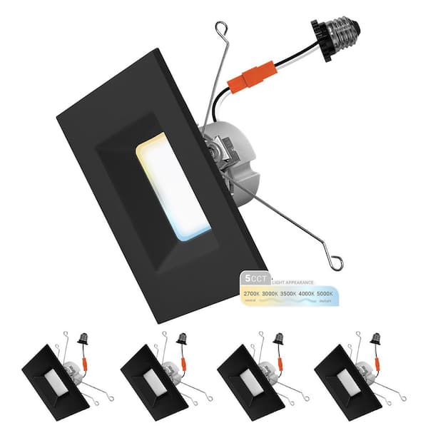 6 in. 14-Watt LED Black Square Retrofit Recessed Housing Light 5 CCT 2700K to 5000K IC Rated Remodel Dimmable (4-Pack)