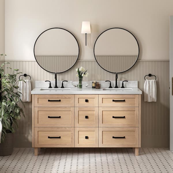 Monroe 61 in. W x 22 in. D x 36 in. H Double Bath Vanity in Oak with Italian Carrara Marble Top