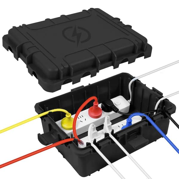 12 in. Black IP54 Waterproof PP Outdoor Electrical Box with 8 Cable Ports for Power Strips