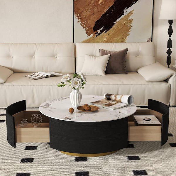 33 in. White and Black Round Storage Sintered Stone Drum Coffee Table with 2 Drawers for Apartment, Fully Assembled
