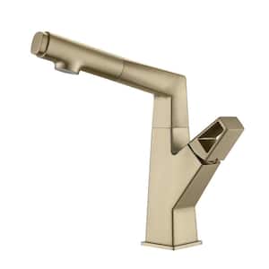 Single Handle Single Hole Bathroom Faucet Brass Sink Faucets w/Pull Out Sprayer & 360-Degree Rotary Lift in Brushed Gold