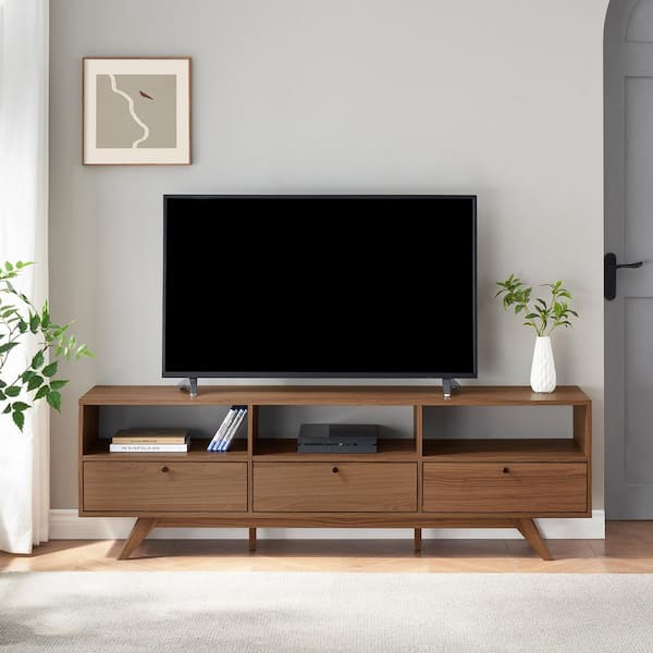 Walker Edison Furniture Company 70 in. Mocha Wood Mid-Century Modern TV Stand with 3-Drop-Down Doors Fits TVs up to 80 in.