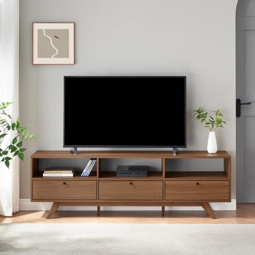 70 in. Mocha Wood Mid-Century Modern TV Stand with 3-Drop-Down Doors Fits TVs up to 80 in -  Welwick Designs, HD9712