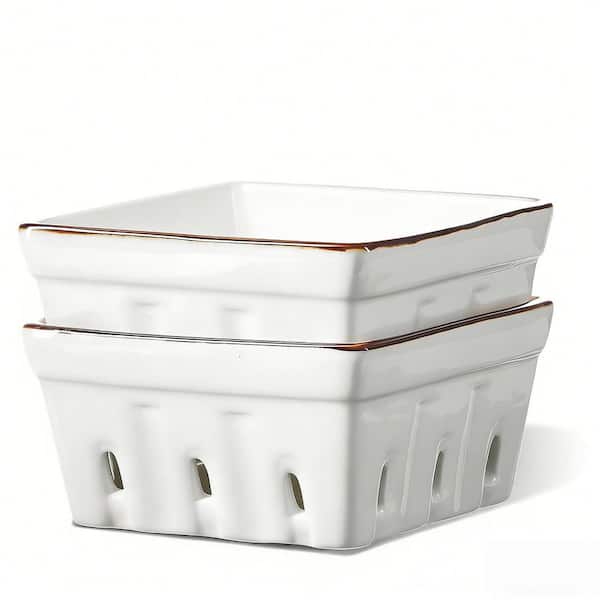 2 Piece Cream White Rustic Ceramic Square Fruit Bowls Ceramic Berry Basket for Kitchen Fruit Washing Set