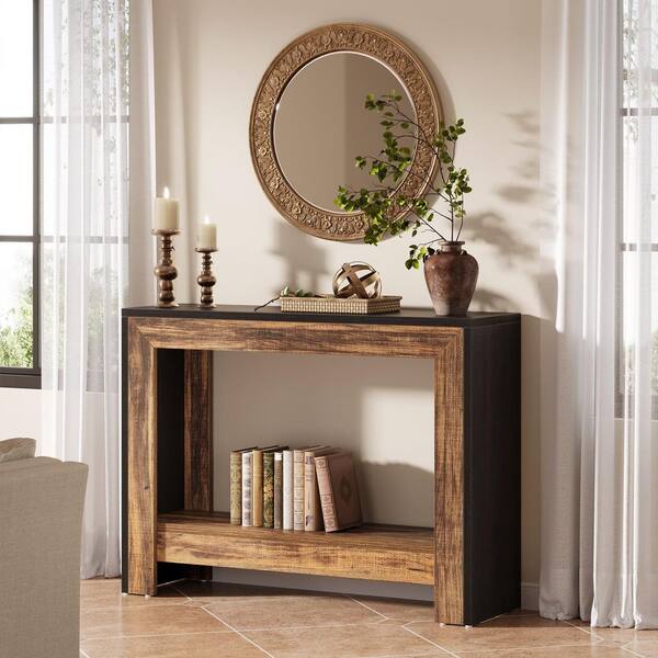 BYBLIGHT Turrella 41.3 in. Brown & Black Rectangle Wood Console Table Farmhouse Behind Couch Sofa Table for Living Room