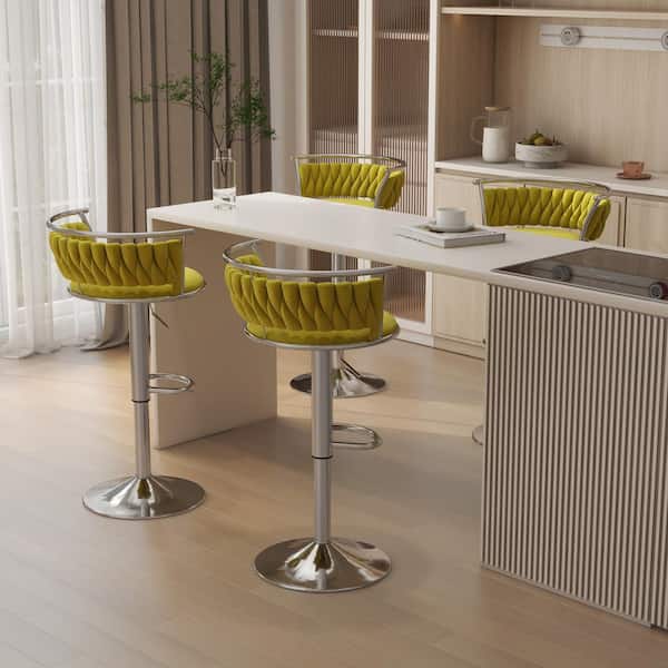 Uixe 38.5 in. Modern Silver Metal Frame Low Back Swivel Adjustable Height Bar Stool with Olive Drab Velvet Seat (set of 4)