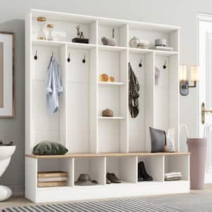 Multifunctional 4 in 1 White Hall Tree with Storage Bench, 5-Cube Storage, Open Shelves, and 8-Hooks