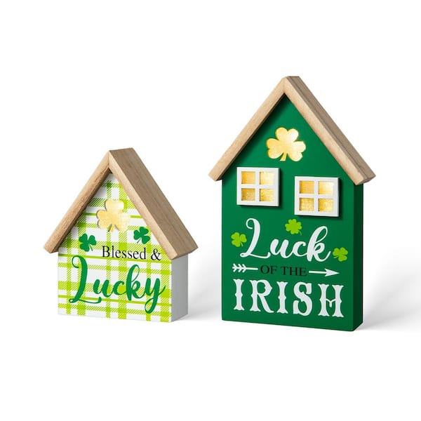 Glitzhome 8.5 in. H St. Patrick's Lighted Wooden House-shaped Table Decor (Set of 2 )