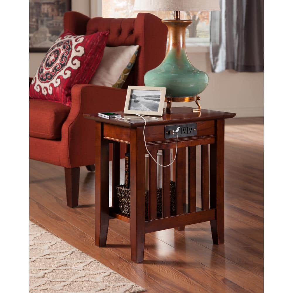 Walnut Brown Solid Hardwood Side Table Set with USB Charger