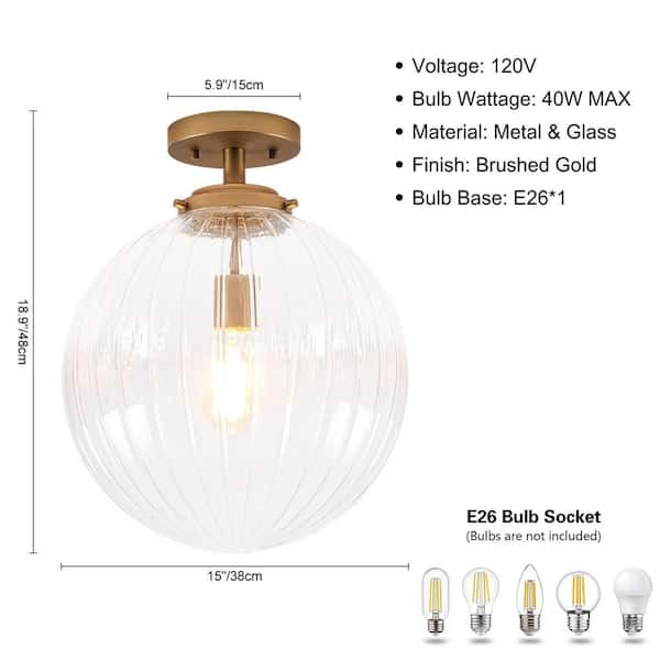 Aura 15 in. 1-Light Brushed Gold Semi-Flush Mount Ceiling Light with Clear Ribbed Glass Shade