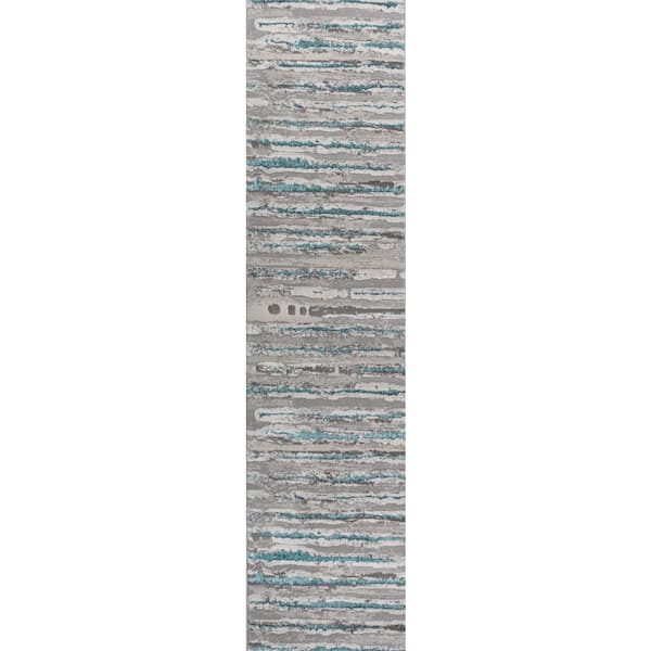 JONATHAN Y Batten Modern Stripe Gray/Turquoise 2 ft. x 8 ft. Runner Rug