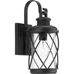 Hollingsworth Collection 1-Light Textured Black Clear Seeded Glass Farmhouse Outdoor Small Wall Lantern Light