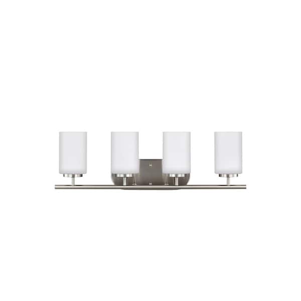 Generation Lighting Oslo 27.5 in. 4-Light Brushed Nickel Transitional Contemporary Bathroom Vanity Light with Cased Opal Etched Glass Shades