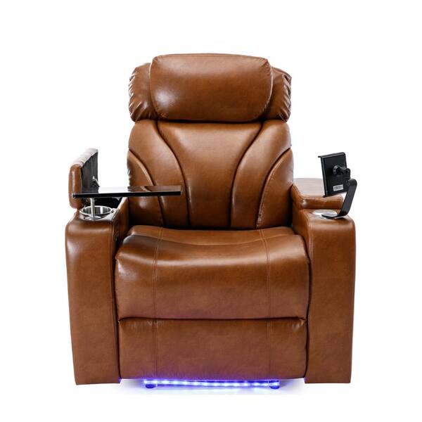 Light Brown Faux Leather Recliner with USB Charging, Audio, Hidden Arm  Storage, Cup Holder, 135° Tilt, Theater Seating LL-SG000800AAS - The Home  Depot