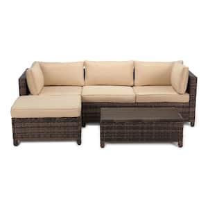 3-Piece Wicker Patio Sectional Seating Set with Beige Cushions