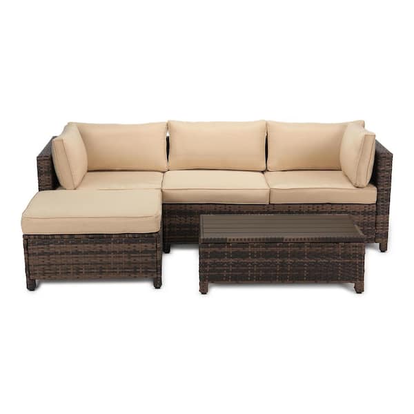 EDYO LIVING 3-Piece Wicker Patio Sectional Seating Set with Beige Cushions