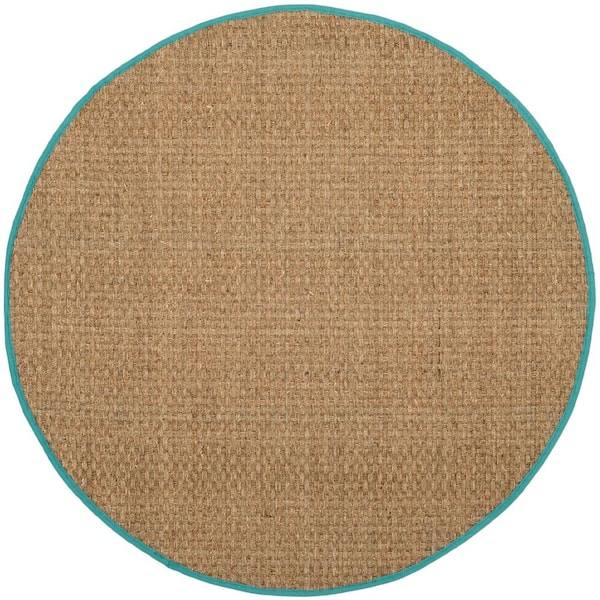 SAFAVIEH Natural Fiber Beige/Teal 4 ft. x 4 ft. Border Woven Round Area Rug