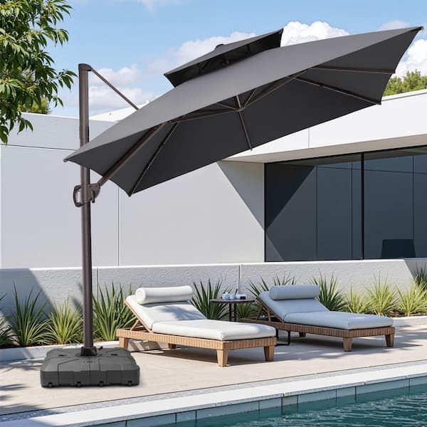 11 ft. x 11 ft. Double Top Cantilever Tilt Patio Umbrella in Dark Gray with 260 lbs. Base Stand
