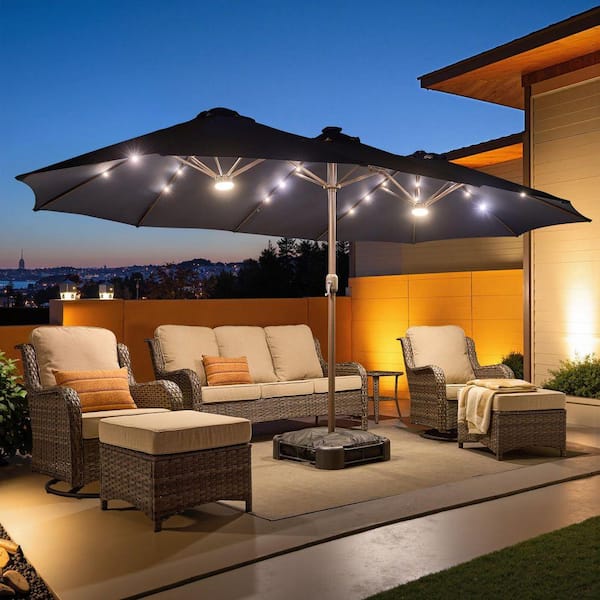 15 ft. x 9 ft. Rectangular Metal Solar LED Double-sided Market Patio Umbrella with Base and Crank in Dark Blue