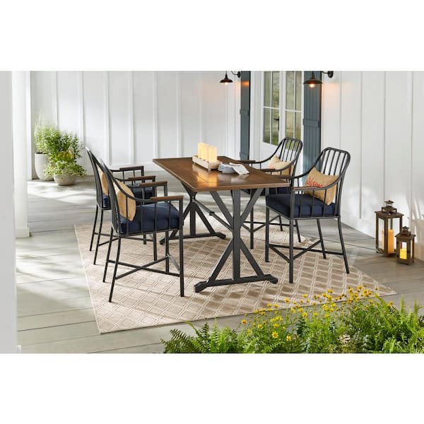 Stylewell Bedford Farmhouse 5 Piece Steel Rectangle Balcony Height Outdoor Patio Dining Set With Blue Cushions Fm 18168 The Home Depot - Farmhouse Outdoor Patio Dining Table