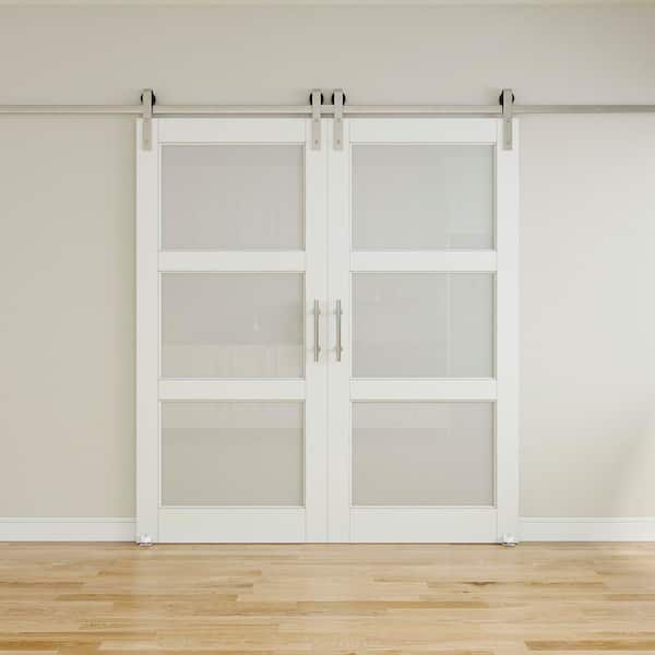 72 in. x 80 in. 3-Lite Frosted Glass White Primed MDF Sliding Barn Door with Hardware Kit Nickel Plated
