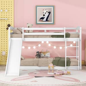 Twin over Twin Low Bunk Bed with Convertible Slide and Ladder, Solid Wood Bunk Bed for Toddlers Kids Boys Girls, White