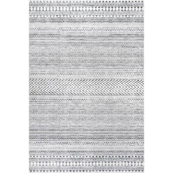 Tribal Banded Spill Proof Washable Grey 6 ft. x 9 ft. Indoor Area Rug