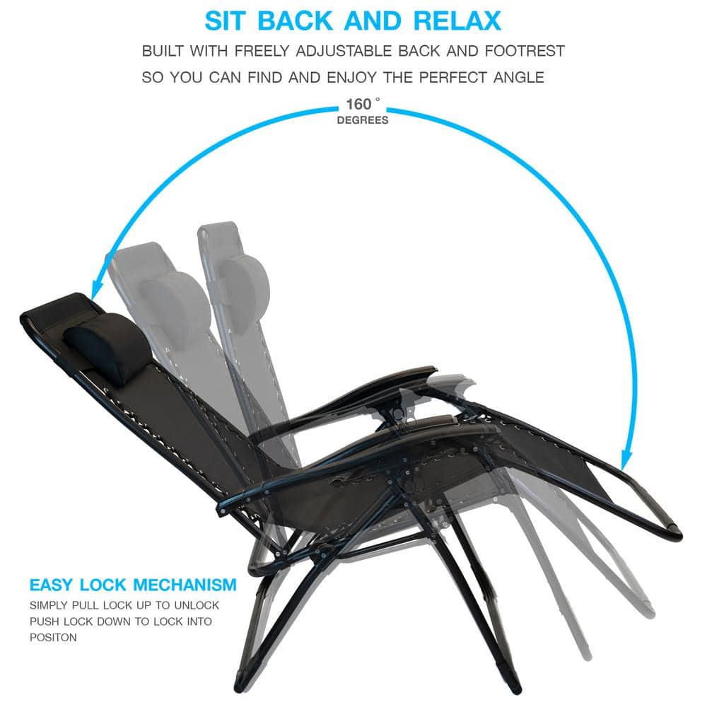 Oversized Black Steel Zero Gravity Outdoor Lounger with Cushion