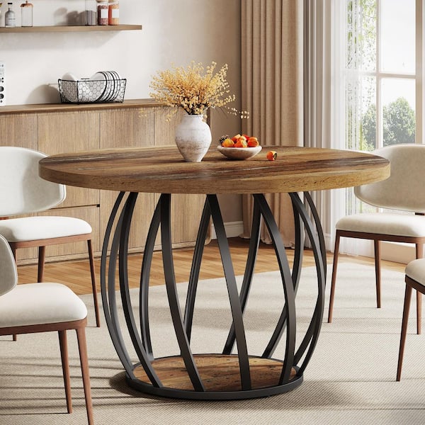TRIBESIGNS WAY TO ORIGIN Halseey Black Brown Wood 46 in. Pedestal Round Dinner Kitchen Dining Table Seats 6-Circle Sturdy Wood Metal Frame