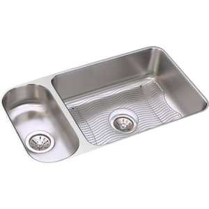 Lustertone Classic Undermount Stainless Steel 36 in. 30/70 Double Bowl Kitchen Sink with Bottom Grid and Drain