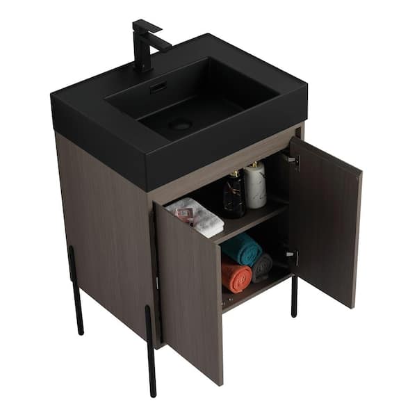 Crownpoint 24 in. Freestanding Single Gray Oak Bathroom Vanity with Black Acrylic Sink Top Unassembled