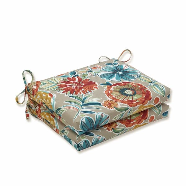 Pillow Perfect Floral 18.5 in. x 16 in. Outdoor Dining Chair Cushion in Tan/Blue/Green (Set of 2)