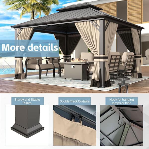 12 ft. x 14 ft. Gray Metal Hardtop Gazebo with Double Roof Pergola, Netting and Curtain Sand
