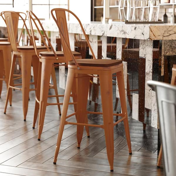Carnegy Avenue 30 in. Orange/Teak Metal Outdoor Bar Stool
