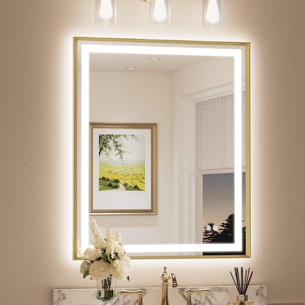 30 in. W x 36 in. H Rectangular Framed LED Lighted Bathroom Vanity Mirror with Light in Gold with Backlit and Anti-Fog