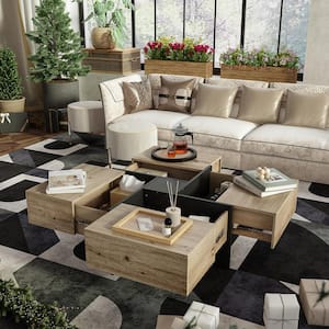 31.5 in. W Square Wood Coffee Table Windmill Design in Brown & Black With 4-Drawers