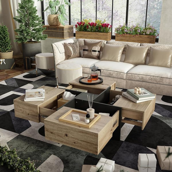 FUFU&GAGA 31.5 in. W Square Wood Coffee Table Windmill Design in Brown & Black With 4-Drawers