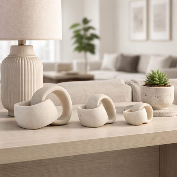 White 4 in. x 3 in., 6 in. x 4 in. and 7 in. x 5 in. Resin Modern Linked Ring Sculptures (Set of 3)