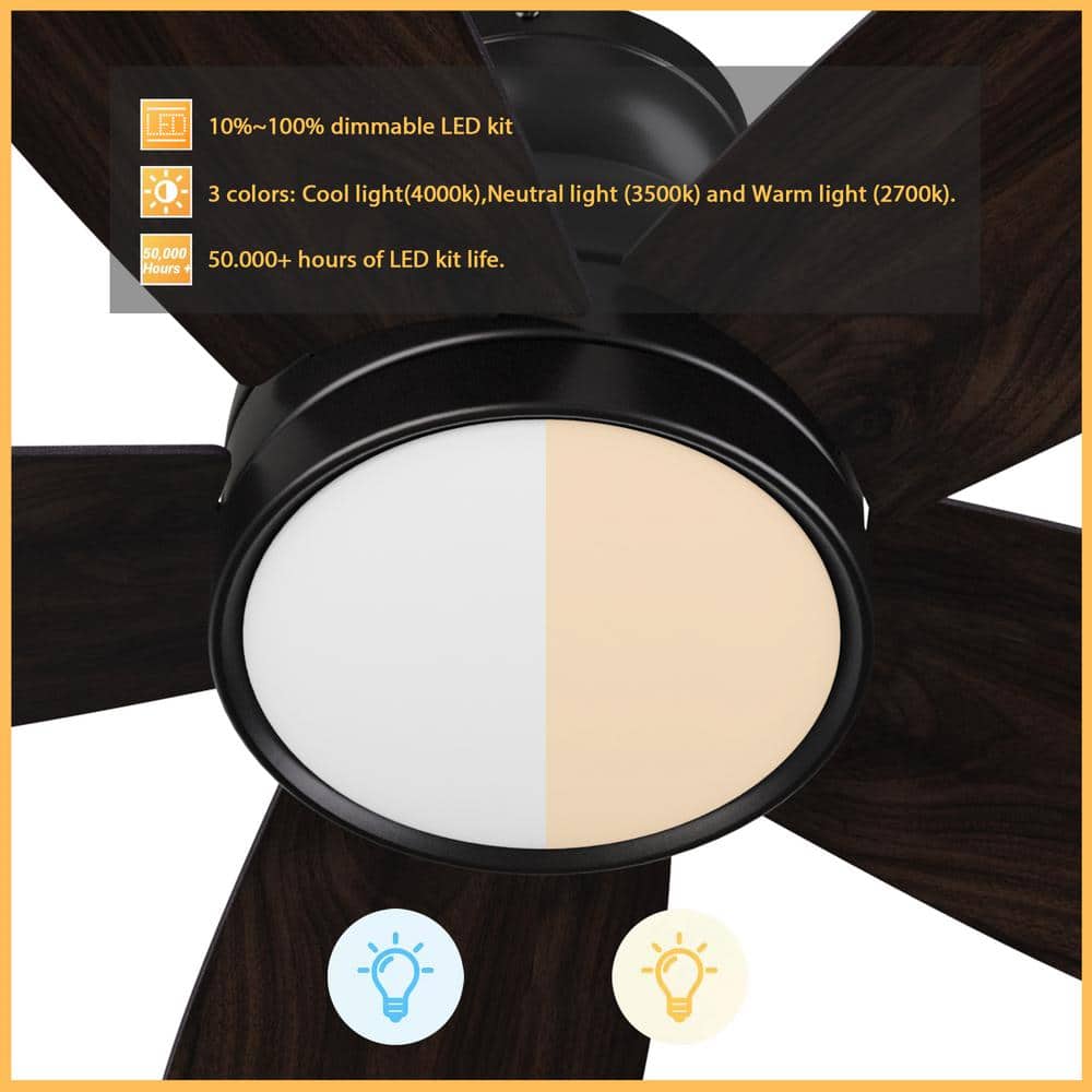 52-Inch Matte Black and Wood Smart Ceiling Fan with LED Light