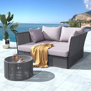 Metal Outdoor Sunbed Chaise Lounge Loveseat Daybed with Dark Gray Rope, Tempered Glass Table and Gray Cushion