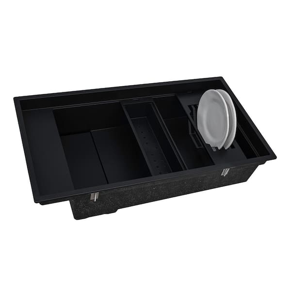 EpiStage 34 in. Drop-in Single Bowl Black Granite Quartz Composite Kitchen Sink with Accessories